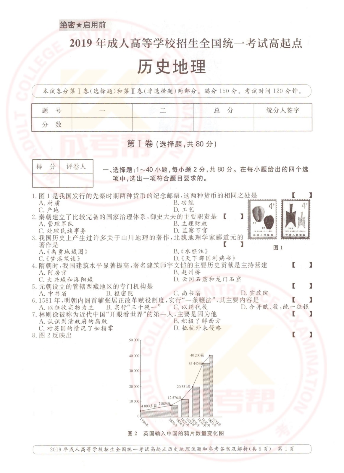 2019年浙江成考高起点历史地理（文综）考试真题及答案