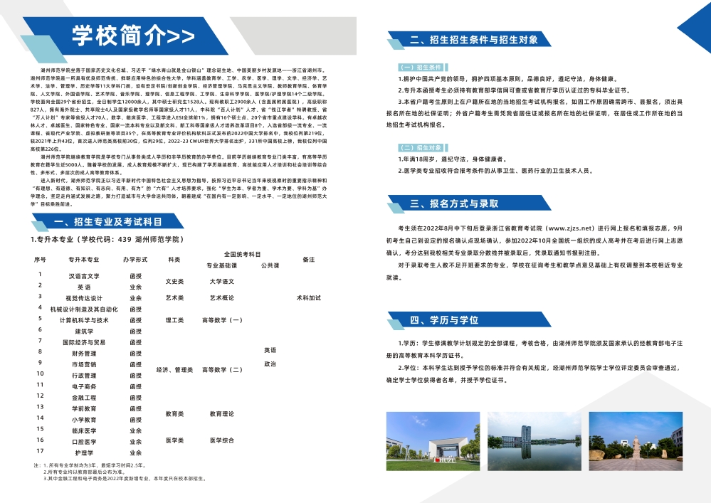 湖州师范学院2022年成人高考招生简章