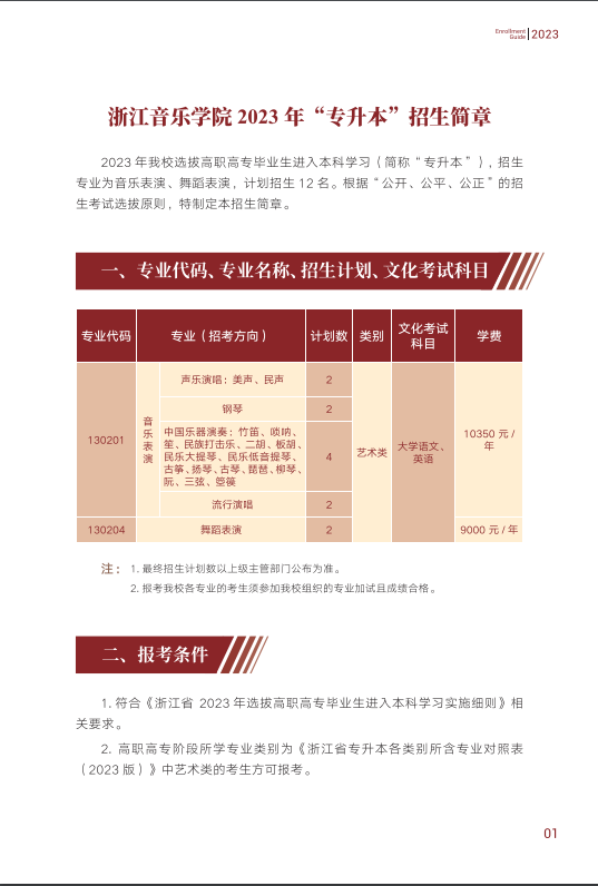 浙江音乐学院 2023 年“专升本”招生简章