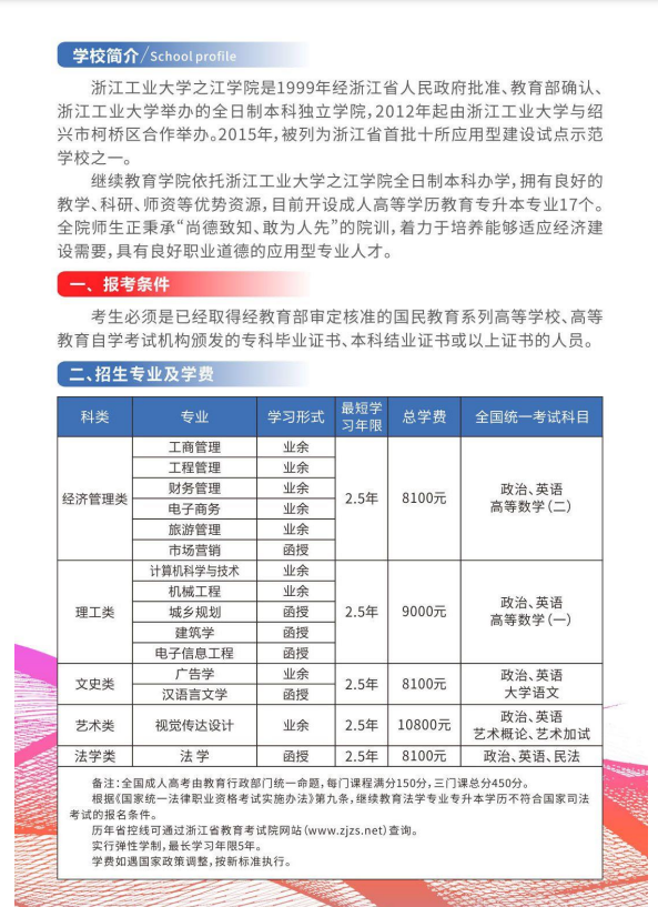 浙江工业大学之江学院高等学历继续教育专升本2023年招生简章