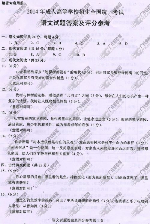 浙江省成人高考2014年统一考试语文真题A卷参考答案